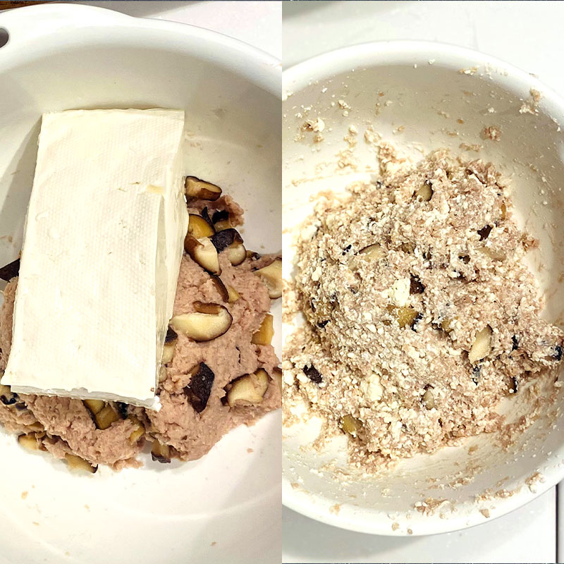 Add tofu to SoMeat - Mushroom mix and finely mix everything together. Add salt and pepper.