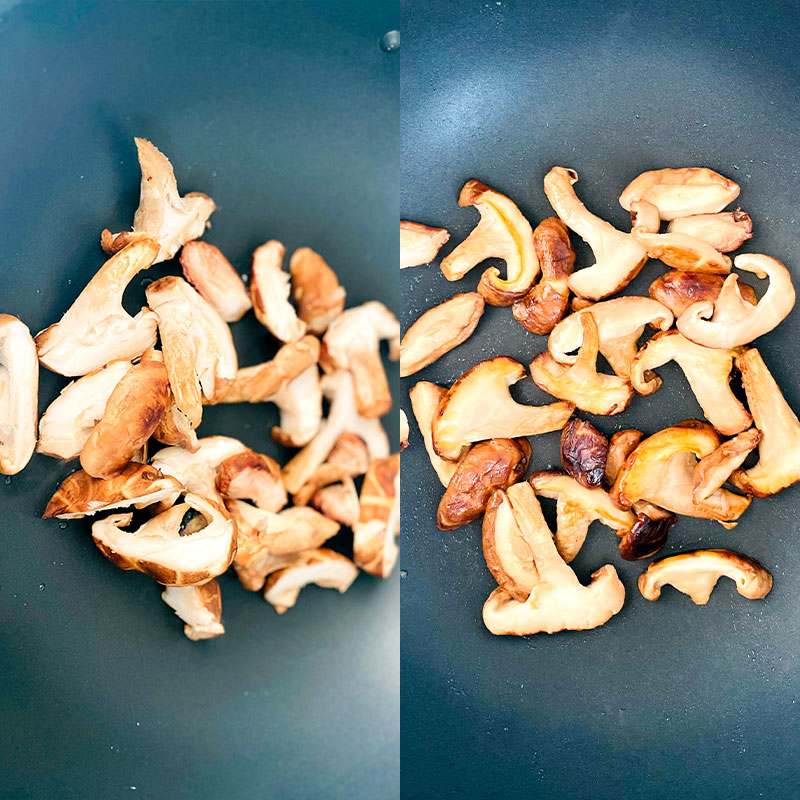 Slice the mushrooms (1cm) and fry over a medium heat until they turn golden brown.
