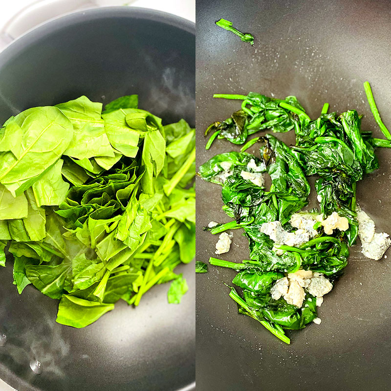 Add olive oil on the pan and sauté the spinach over a medium heat. When the spinach is wilted, add the vegan blue cheese, stir for about 1 min then remove from heat.