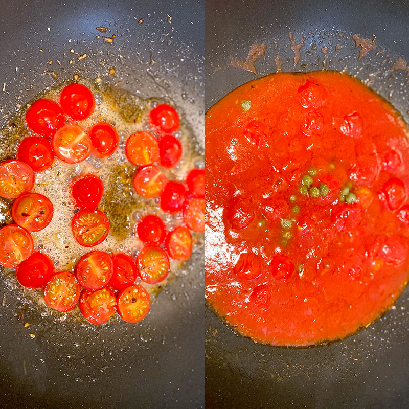 半分に切ったミニトマトを約1分炒め、トマトピューレを加える。ケイパーと塩コショウで味をと調える。