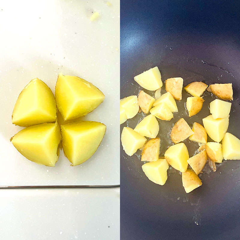 Halve the cooked potatoes and then cut each half into quarters (bite size pieces)  and fry them over a medium heat for about 2 min.